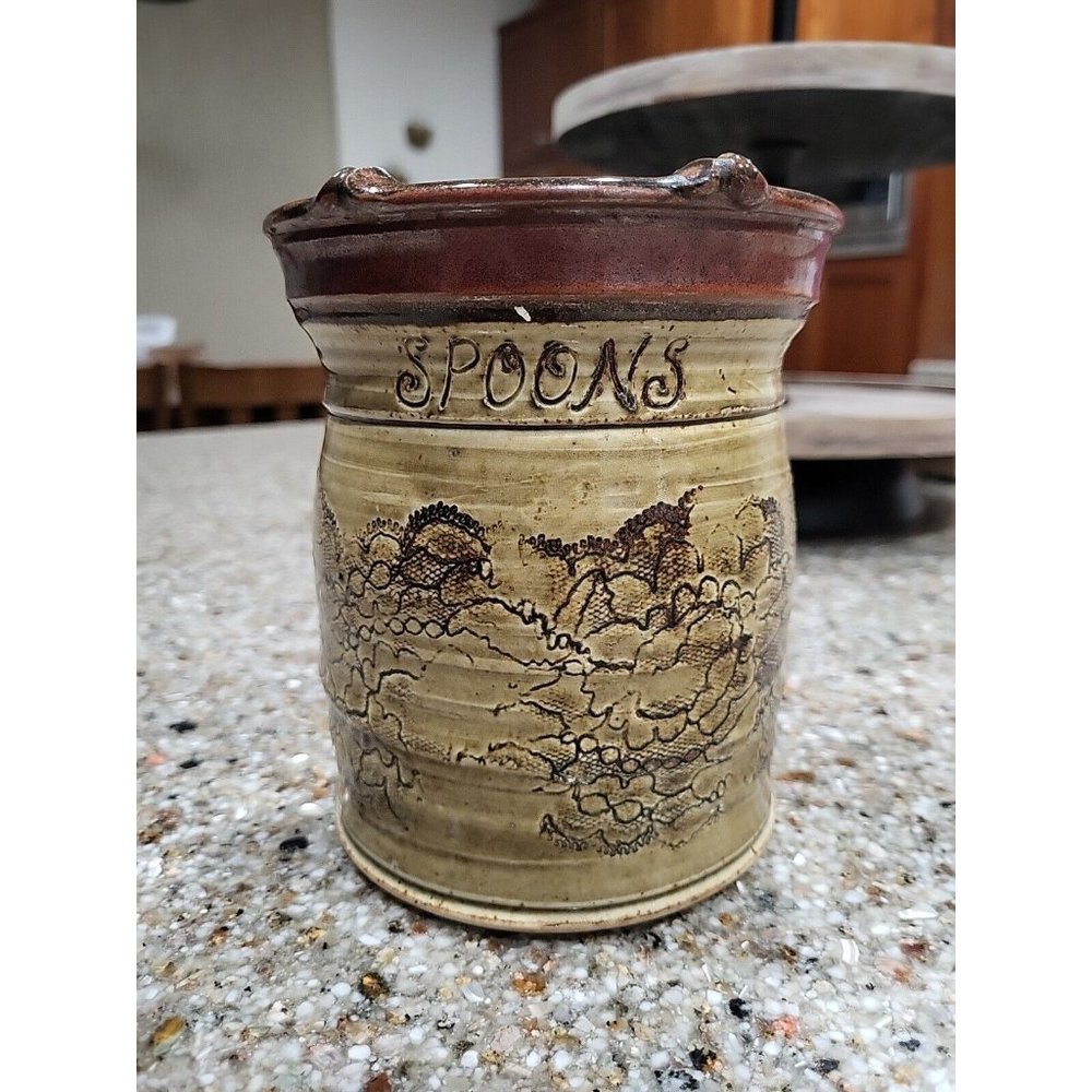 Vintage Hand-Made Pottery Glazed Kitchen Utensil Jar Spoons - SUE